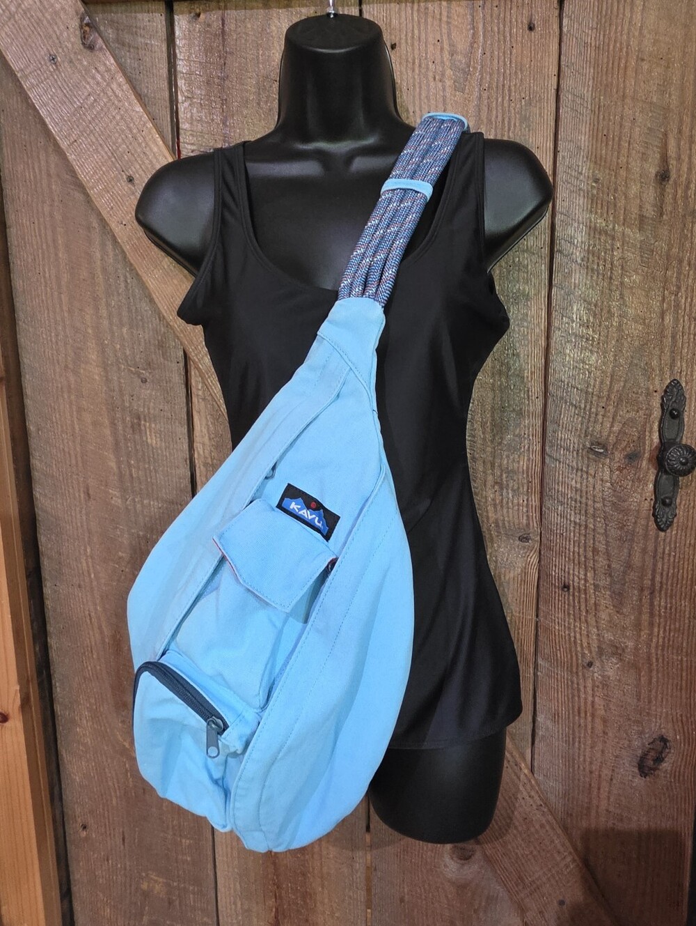 KAVU Rope Bag Cotton Canvas Crossbody Sling Pack Solid Light Blue EUC READ